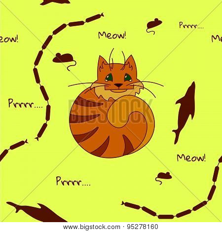 Cute seamless pattern with set of cat's favourite food - fish, mouse and sausages on the yellow back