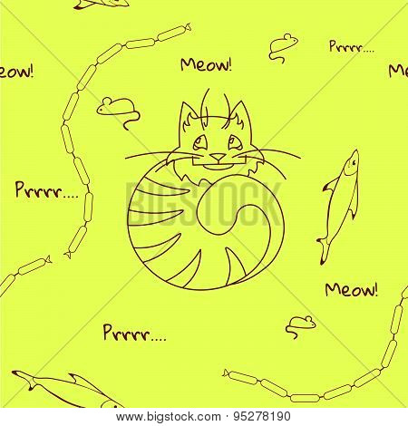 Cute seamless pattern with set of cat's favourite food - fish, mouse and sausages on the yellow back