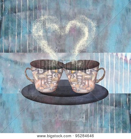 Painting Two Cups Of Coffee Or Tea With Heart