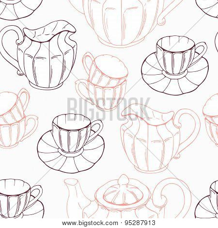 Seamless pattern with sketch style tea service and leaves