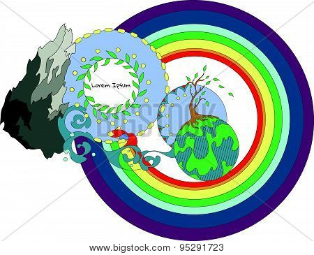 Ornamental composition with rainbow, rock, waves, planet, tree and leaves