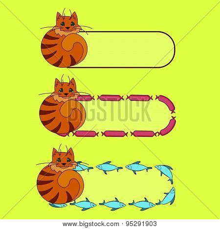 Cute frames with cats, fishes and sausages in cartoon style and pale colors