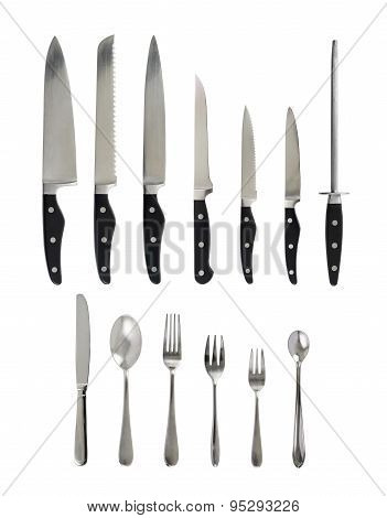Steel kitchen knife and cutlery set