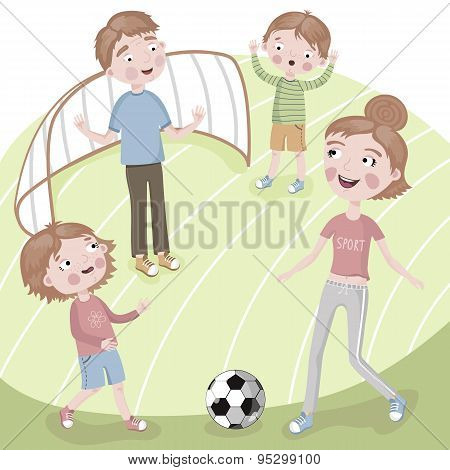 Family on vacation playing football.