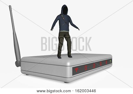 A hacker infiltrates an internet router (3d rendering)