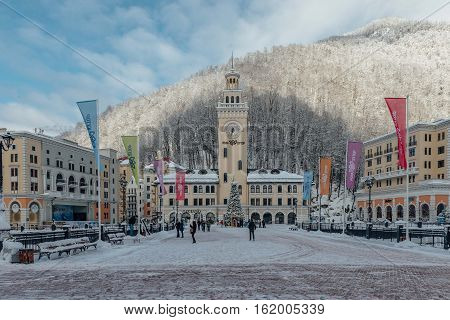 Rosa Khutor, Sochi, Russia, December 17 2016 Winter in the Caucasian mountains