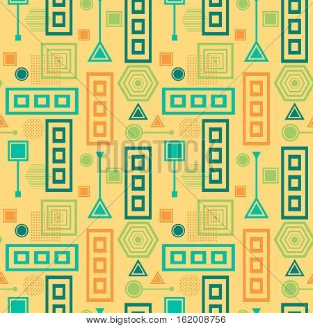 Abstract seamless pattern from geometric form in postmodern Memphis Style blue green on yellow beige for wallpaper or package or for clothes or for creative design abstract city in retro colors