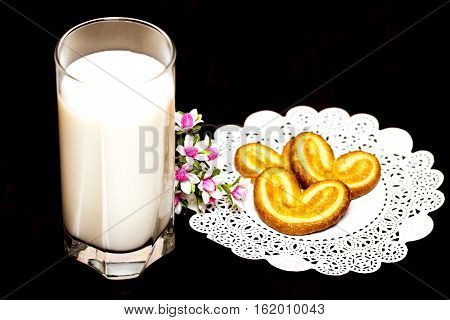 Cookies And A Glass Of Milk - Healthy Breakfast. Wooden Table.