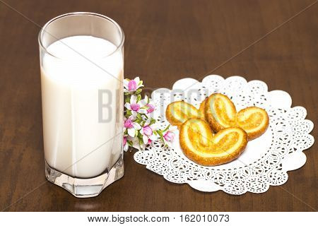 Cookies And A Glass Of Milk - Healthy Breakfast. Wooden Table.