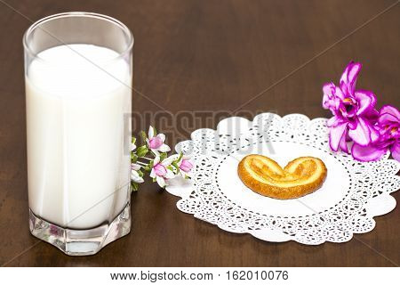 Cookies And A Glass Of Milk - Healthy Breakfast. Wooden Table.