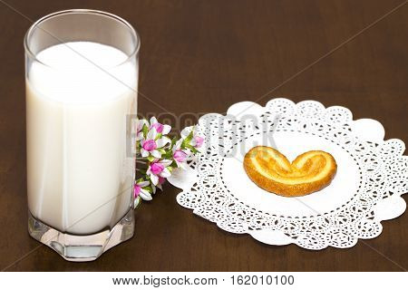Cookies And A Glass Of Milk - Healthy Breakfast. Wooden Table.