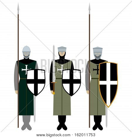 Medieval knights weapons uniforms and jousting signs and symbols. The illustration on a white background.