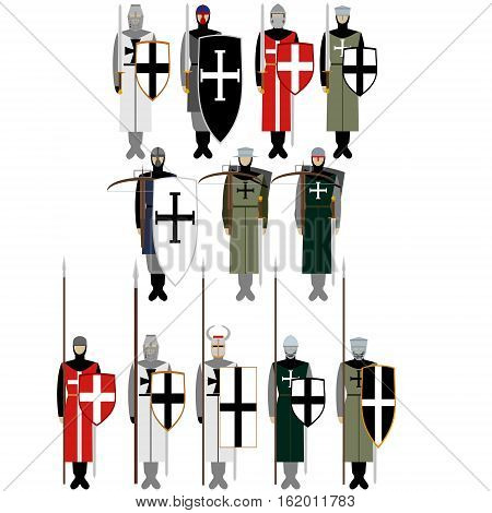Medieval knights weapons uniforms and jousting signs and symbols. The illustration on a white background.