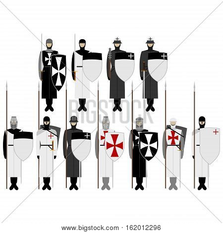 Medieval knights weapons uniforms and jousting signs and symbols. The illustration on a white background.