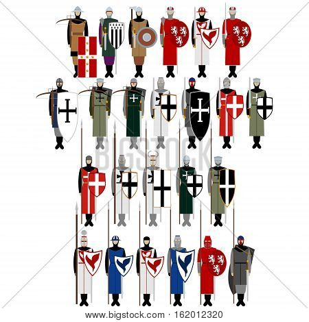 Medieval knights weapons uniforms and jousting signs and symbols. The illustration on a white background.