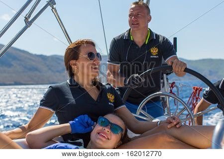HYDRA, GREECE - SEP 28, 2016: Sailors participate in sailing regatta 16th Ellada Autumn 2016 among Greek island group in the Aegean Sea, in Cyclades and Saronic Gulf.