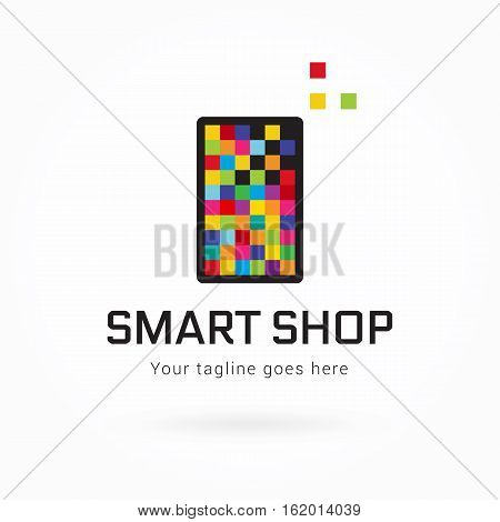 Smartphone or tablet pixel logo template, colorful vector illustration, mobile technology. Isolated flat icon, editable design element, logotype concept for smart shop, store, web, digital, mobile application