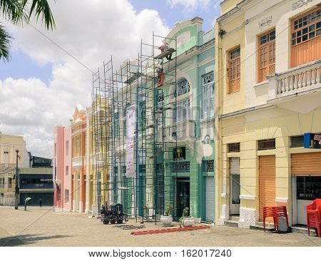 Joao Pessoa PB Brazil - December 7 2016: Historic center of Joao Pessoa city. Very old house in the vintage style being restored. Restoration of old house.