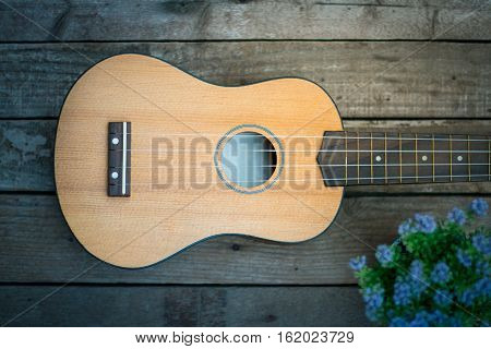 Ukulele and violet flower on wooden background