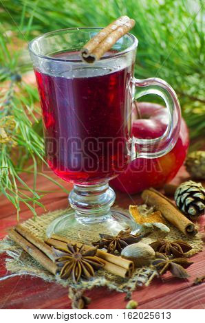 Spicy Christmas drink in a glass with spices on a background of trees