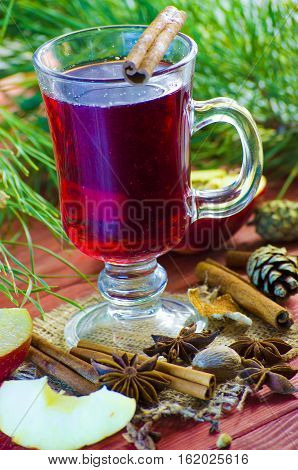 Spicy Christmas drink in a glass with spices on a background of trees