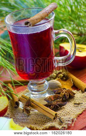 Spicy Christmas drink in a glass with spices on a background of trees