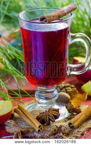 Spicy Christmas drink in a glass with spices on a background of trees