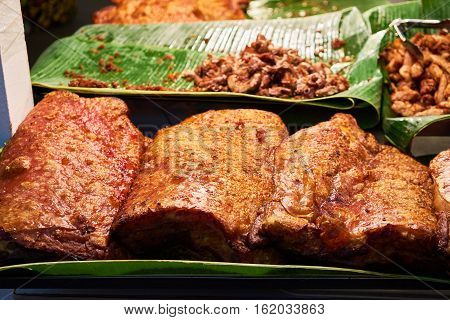 food, meal, meat, grilled, pork, thai food, delicious food, delicious, green, banana leaf