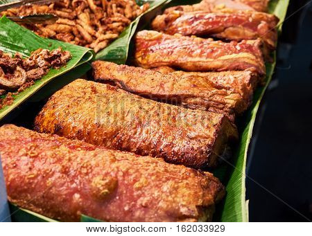 food, meal, meat, grilled, pork, thai food, delicious food, delicious, green, banana leaf