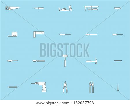 Vector icon set for carpentry tools and equipment on blue background
