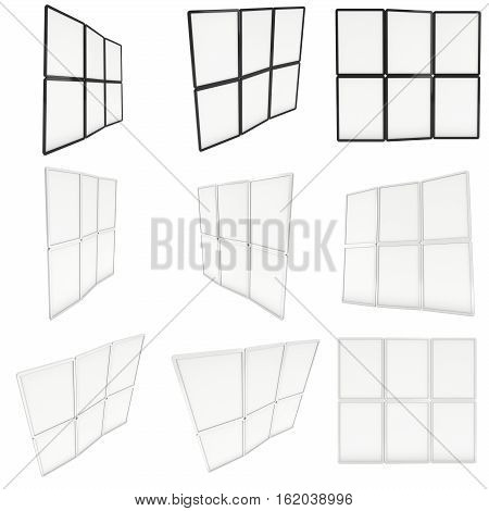 Blank Fold Up Banner Stands Set. Trade show booth white and blank. 3d render illustration isolated on white background. Template mockup for your design.