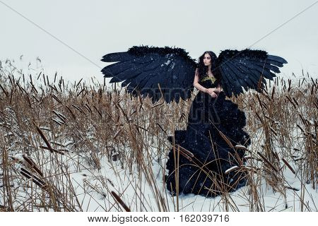 the cute girl with black hair , a black angel on the lake, white snow