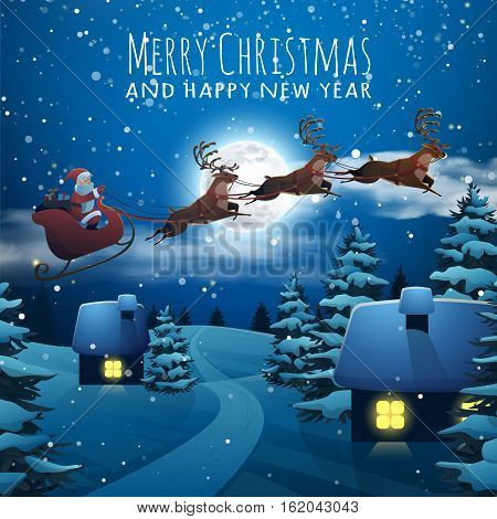 Merry Christmas and Happy New Year card. Santa Claus Flying on a Sleigh with Deer. Christmas houses in snowfall night. Winter village xmas poster. Vector Illustration Background in Cartoon Style.