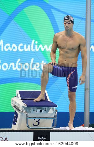 RIO DE JANEIRO, BRAZIL - AUGUST 8, 2016: Olympic champion Michael Phelps of United States competes at the Men's 200m butterfly semifinal at Rio 2016 Olympic Games at the Olympic Aquatics Stadium