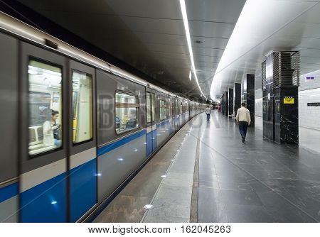 Moscow Russia - July 09.2015. Train on a metro station Pyatnickoe Shosse