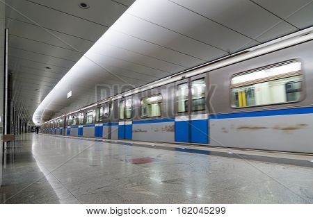 Moscow Russia - July 09.2015. Train on a metro station Pyatnickoe Shosse