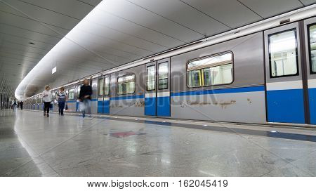 Moscow Russia - July 09.2015. Train on a metro station Pyatnickoe Shosse