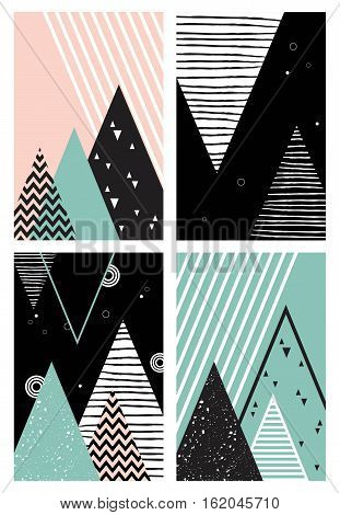 Abstract geometric Scandinavian style pattern with mountains, trees and triangles. vector illustration