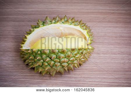 Close up of peeled durian.By placing the components on the wood board.