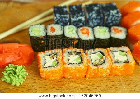 Japanese Sushi Roll Set In Row