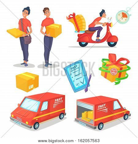 Cartoon delivery concept objects set. Fast delivery van and scooter. Delivery man. Vector illustration.