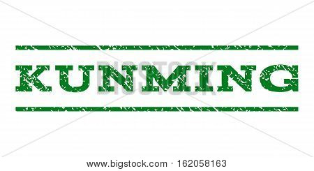 Kunming watermark stamp. Text caption between horizontal parallel lines with grunge design style. Rubber seal stamp with dust texture. Vector green color ink imprint on a white background.