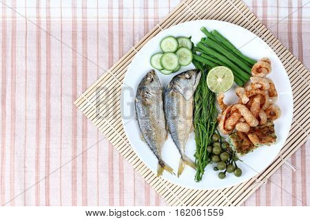 Ready Side Dish With Fired Mackarel ,pork Rind  And Vegetable.