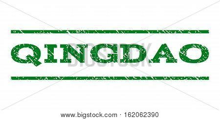 Qingdao watermark stamp. Text tag between horizontal parallel lines with grunge design style. Rubber seal stamp with unclean texture. Vector green color ink imprint on a white background.