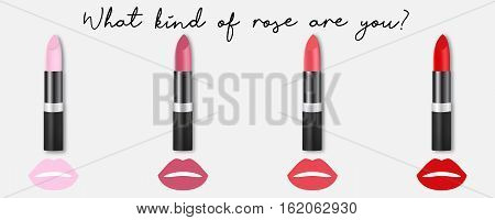 Vector realistic lipsticks set of four, isolated on wide background. Woman's cosmetics lipgloss concept with swatches as lips in rose colors and shades.