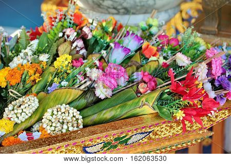 Colorful Flower In Banana Leaf Placed For Worship Buddha.