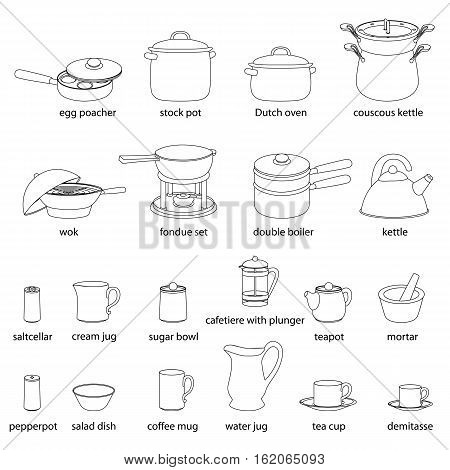 Kitchen utensils illustrations set. Cooking, dinner service, with names. White flat outlined images of kitchenware