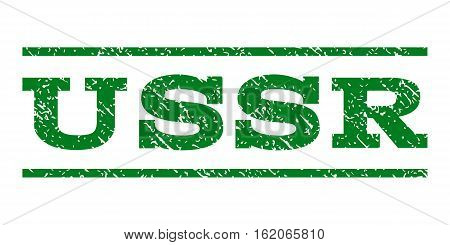 USSR watermark stamp. Text caption between horizontal parallel lines with grunge design style. Rubber seal stamp with unclean texture. Vector green color ink imprint on a white background.