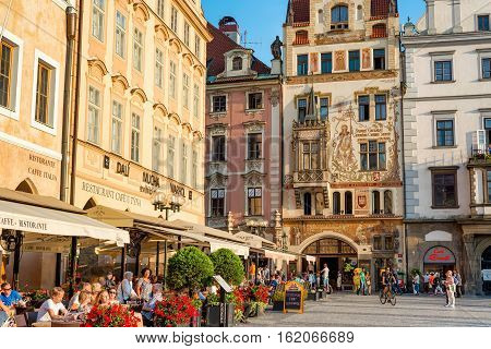 PRAGUE CZECH REPUBLIC - SEPTEMBER 07 2016: Cafe and restaurants at Old Town Square (Staromestske Namesti).