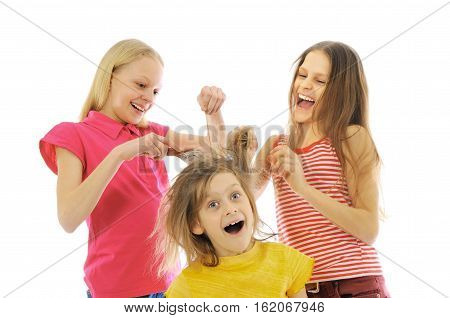 Group of young fanny hairdresser isolated on white